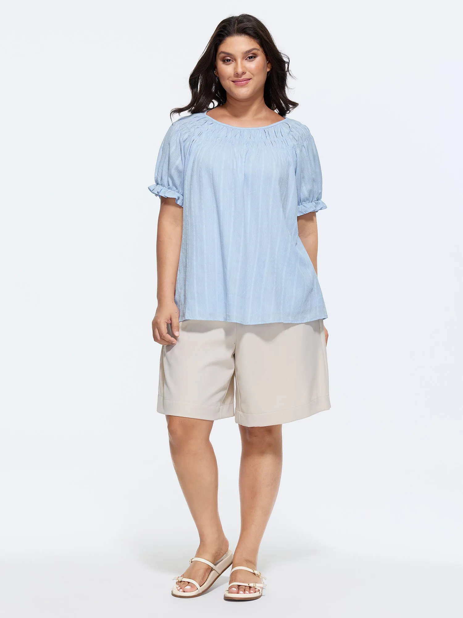 Cotton Pleated Neckline Stretchy Cuff Sleeve Blouse sold by Bloomchic product image thumbnail 3
