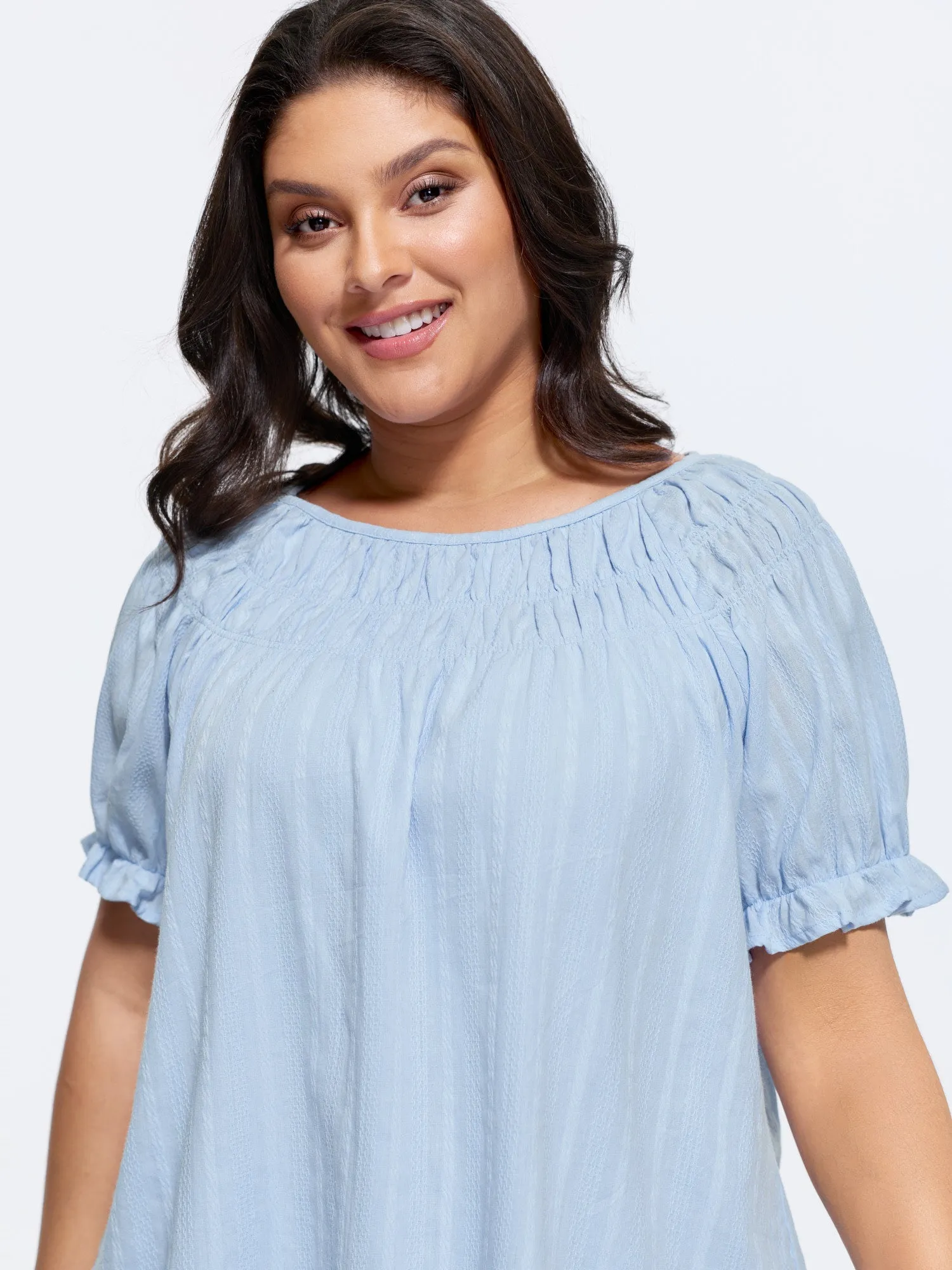 Cotton Pleated Neckline Stretchy Cuff Sleeve Blouse sold by Bloomchic product image thumbnail 2