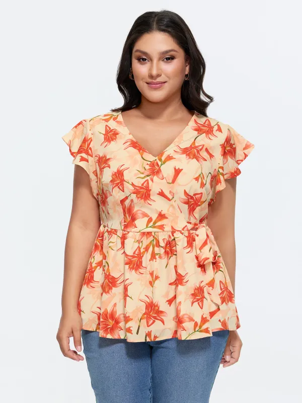 Floral Print Stretchy Wrap Tie Blouse made by Bloomchic