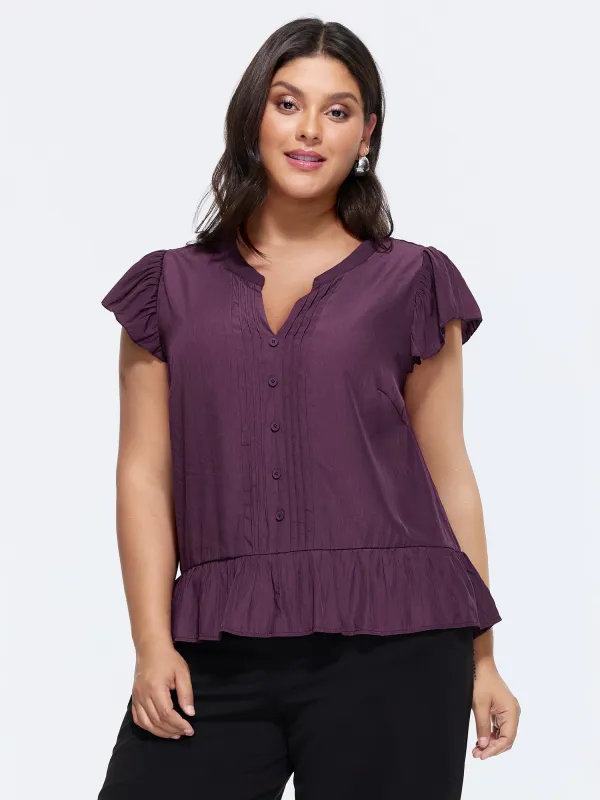Supersoft Pleated Front Ruffled Hem Plain Blouse made by Bloomchic