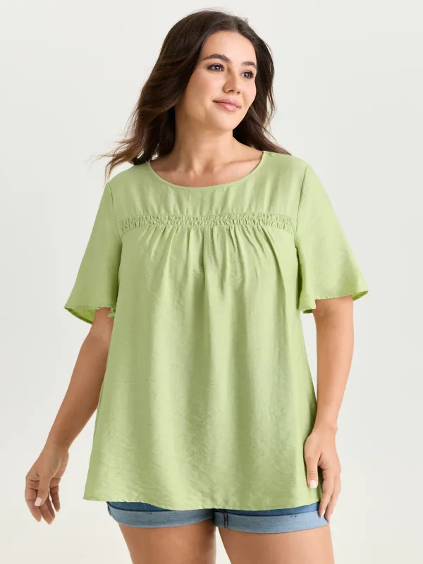 Ruffle Sleeve Gathered Round Neck Blouse made by Bloomchic