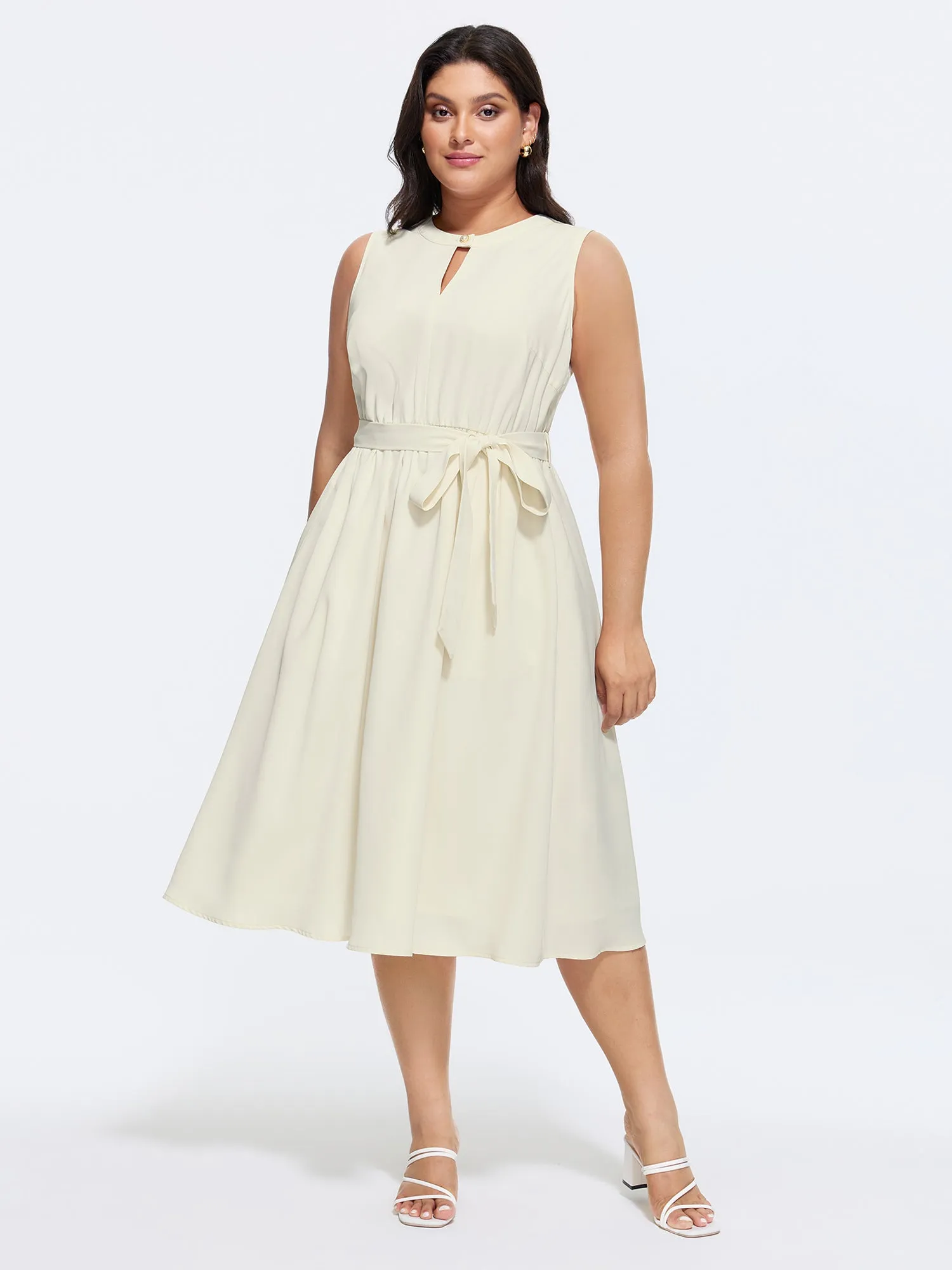 Keyhole Neckline Stretchy Waist-Tie Midi Dress sold by Bloomchic product image thumbnail 3