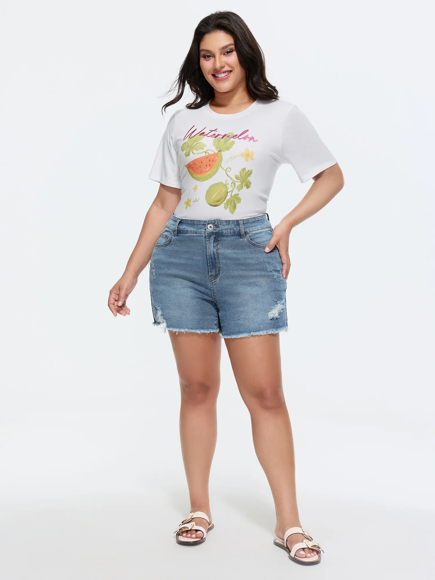 Stretchy Mid-Rise Raw Hem Denim Shorts sold by Bloomchic product image thumbnail 2
