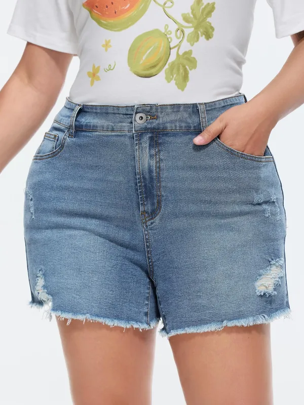 Stretchy Mid-Rise Raw Hem Denim Shorts made by Bloomchic