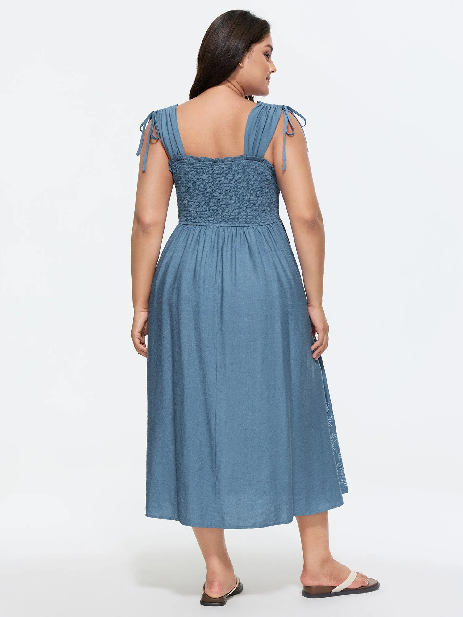 Shirred Embroidered Hem Shoulder Tie Midi Dress sold by Bloomchic product image thumbnail 4