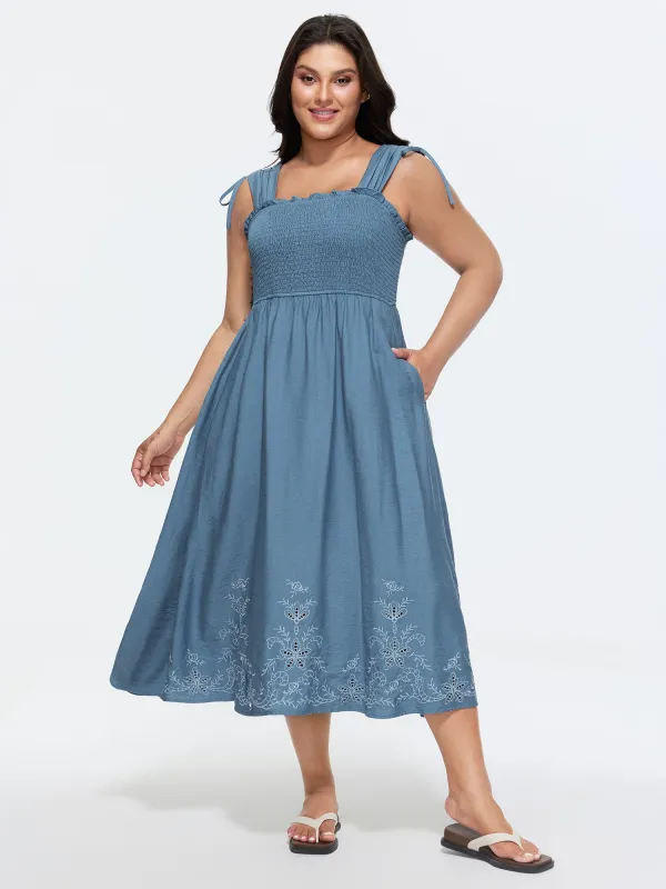 Shirred Embroidered Hem Shoulder Tie Midi Dress made by Bloomchic