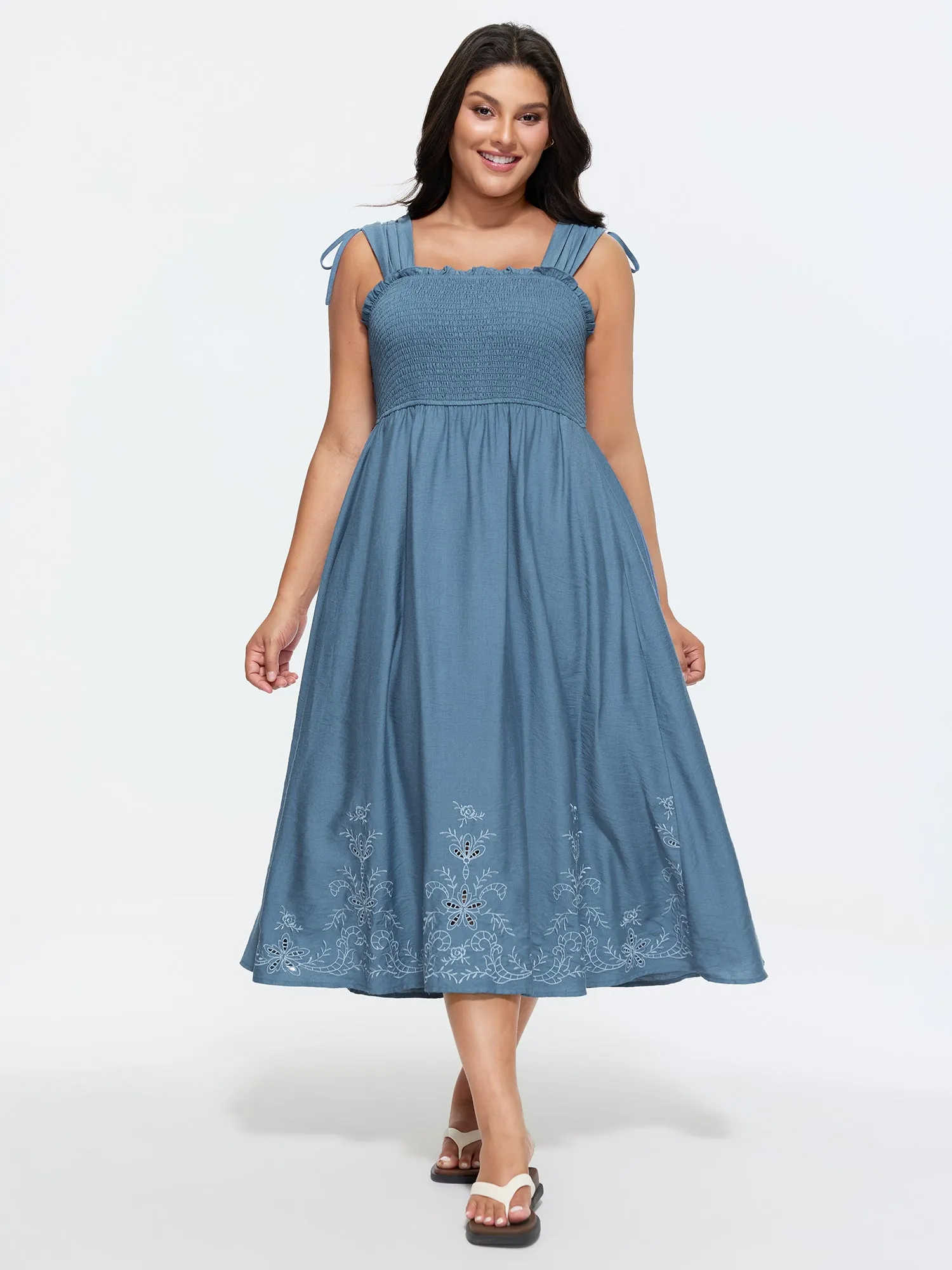 Shirred Embroidered Hem Shoulder Tie Midi Dress sold by Bloomchic product image thumbnail 3