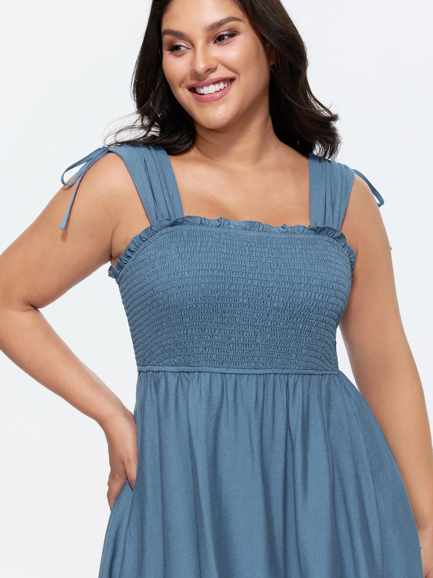 Shirred Embroidered Hem Shoulder Tie Midi Dress sold by Bloomchic product image thumbnail 2
