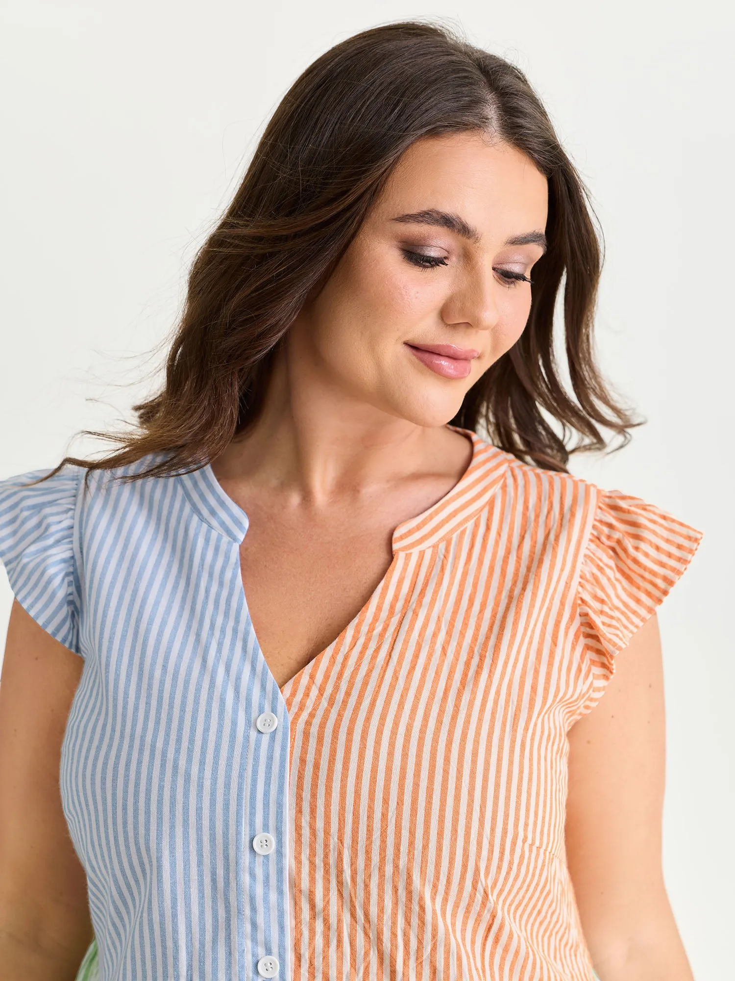 Colorblock Striped Print Flutter Sleeve Blouse sold by Bloomchic product image thumbnail 2