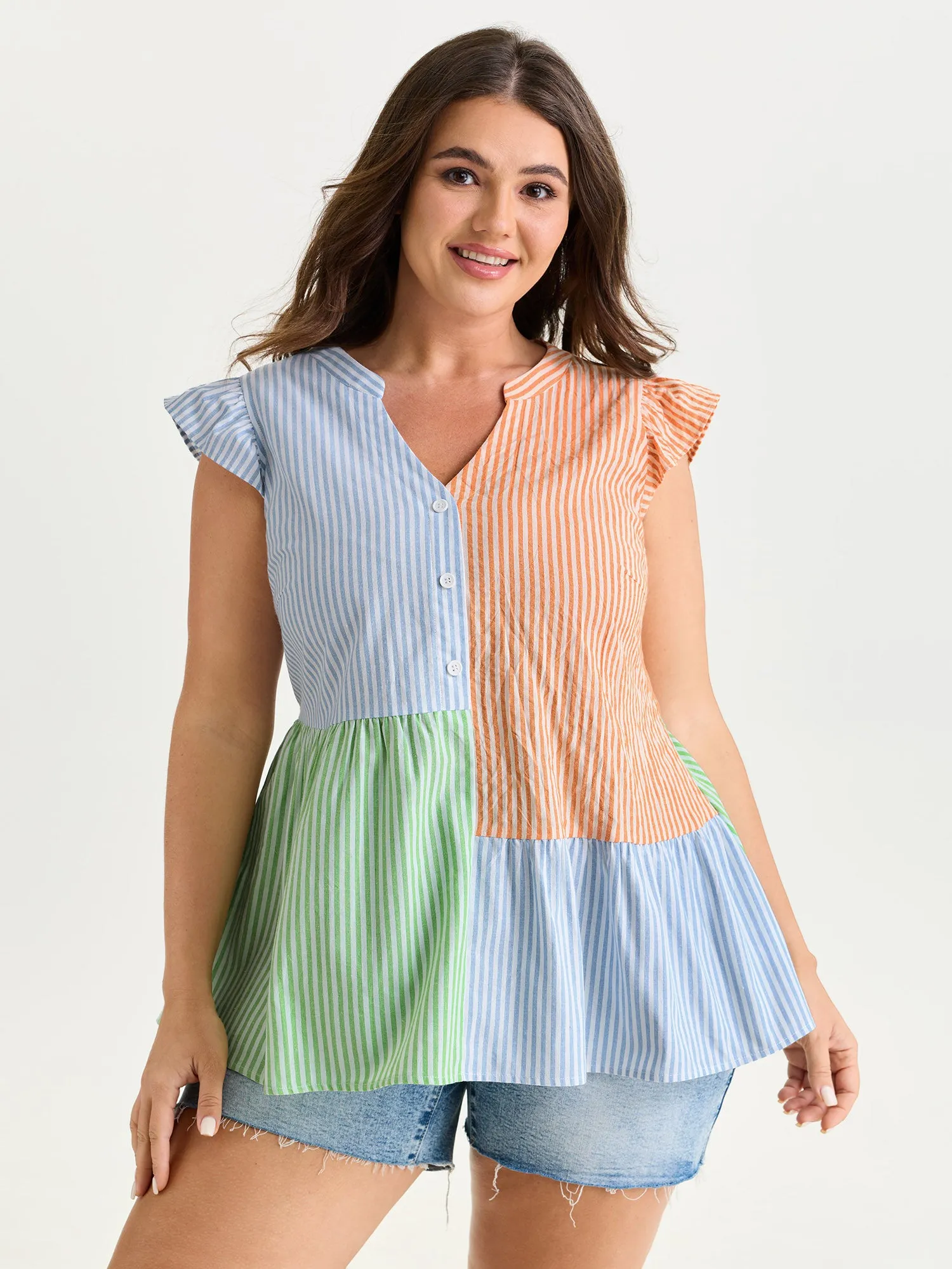 Colorblock Striped Print Flutter Sleeve Blouse sold by Bloomchic