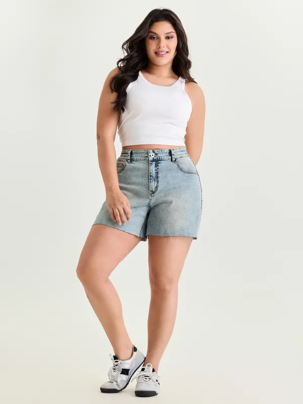 Stretchy Light Washed Straight-Leg Denim Shorts made by Bloomchic