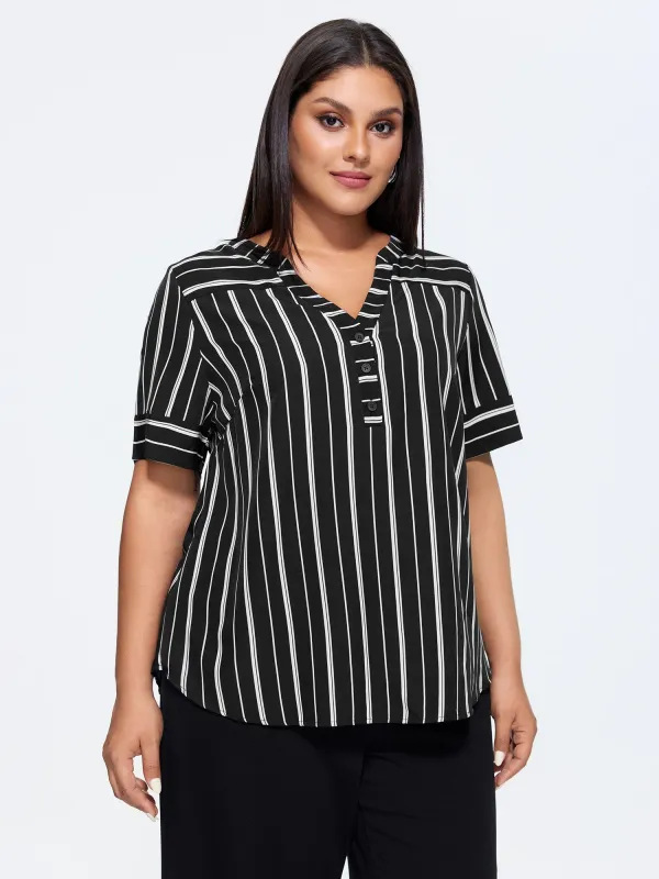 Striped Print Notched Collar Blouse made by Bloomchic