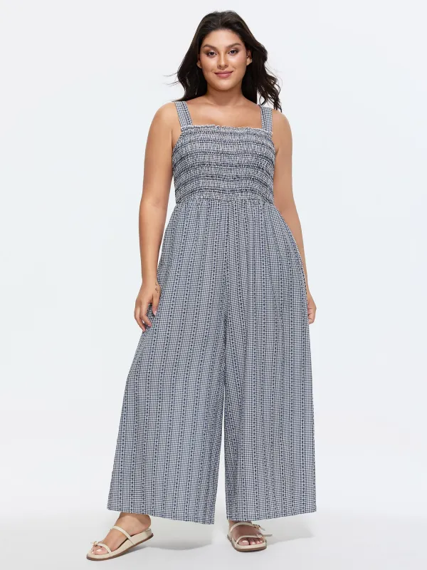 Striped Print Shirred Wide-Straps Jumpsuit made by Bloomchic