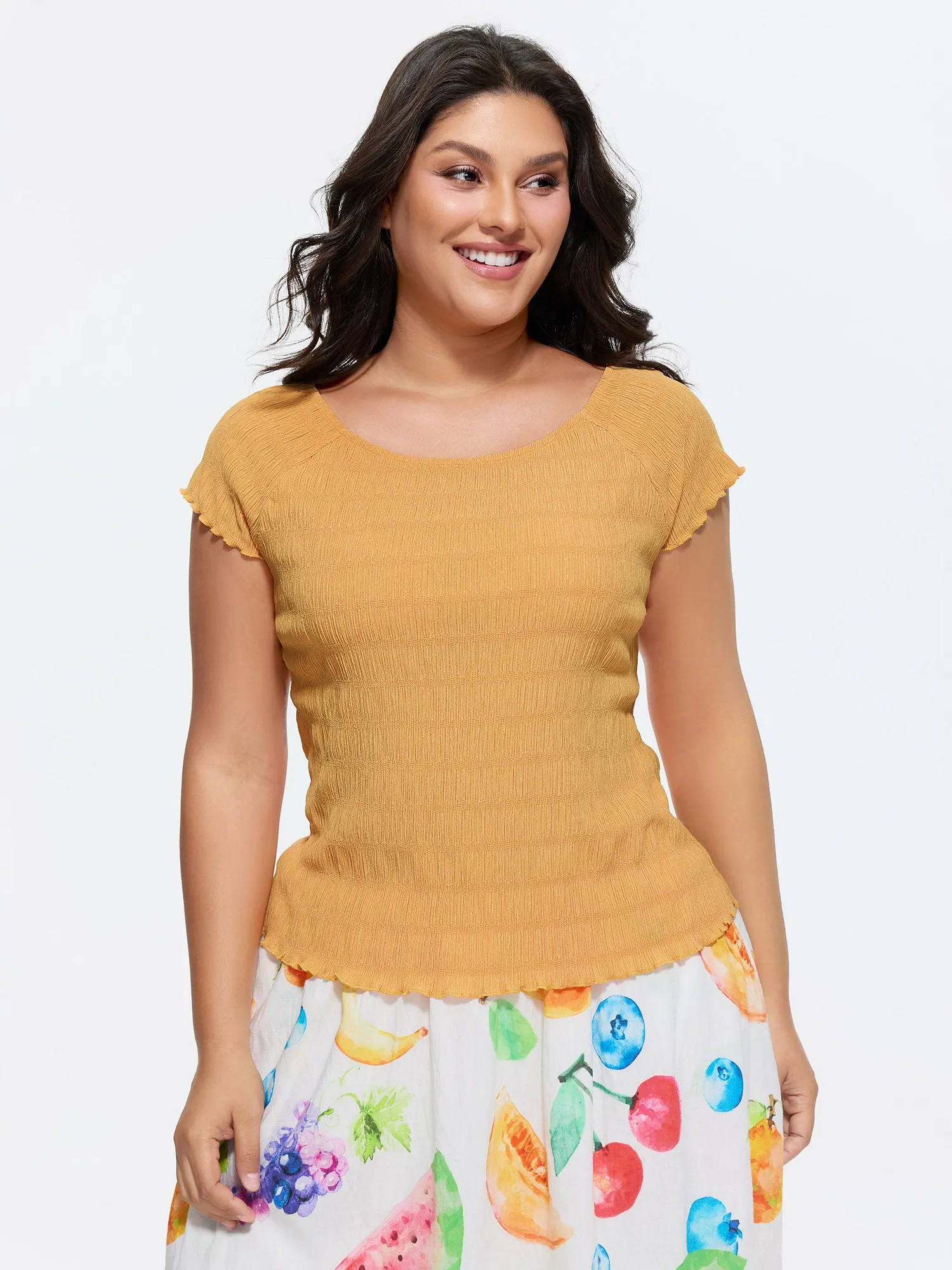 Stretchy Textured Ruffled Hem T-Shirt sold by Bloomchic