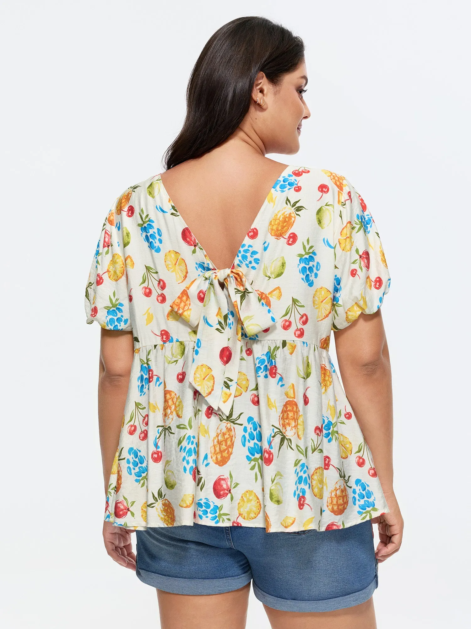 Fruit Print Bowknot Pleated Neckline Blouse sold by Bloomchic product image thumbnail 5