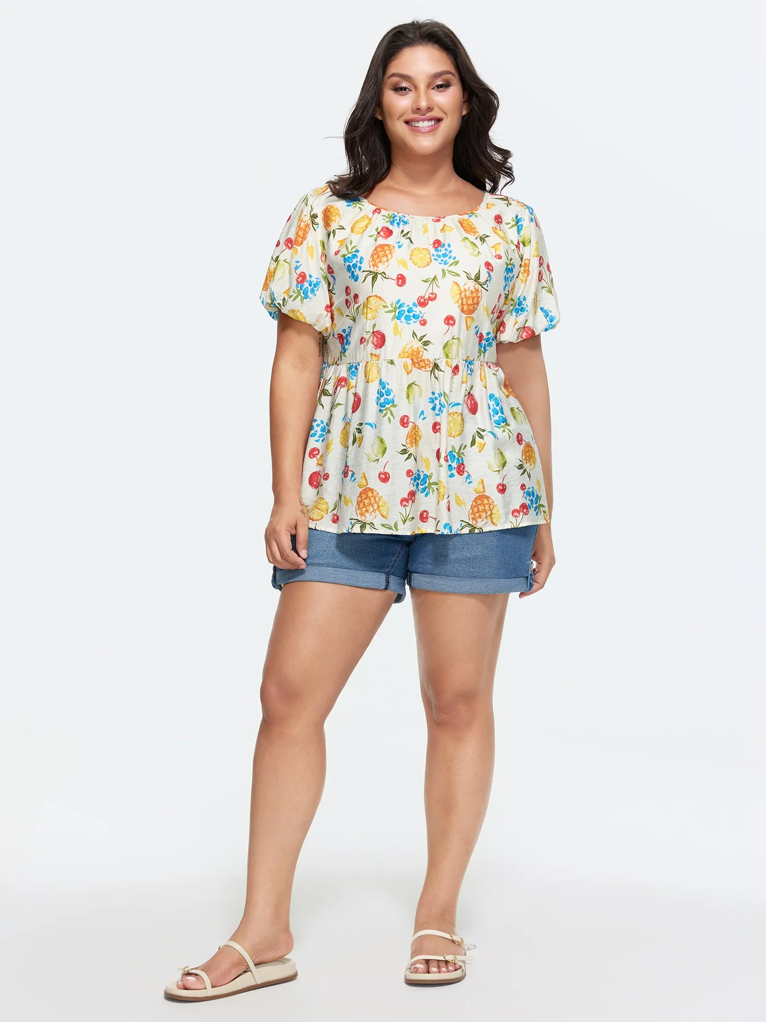 Fruit Print Bowknot Pleated Neckline Blouse sold by Bloomchic product image thumbnail 4