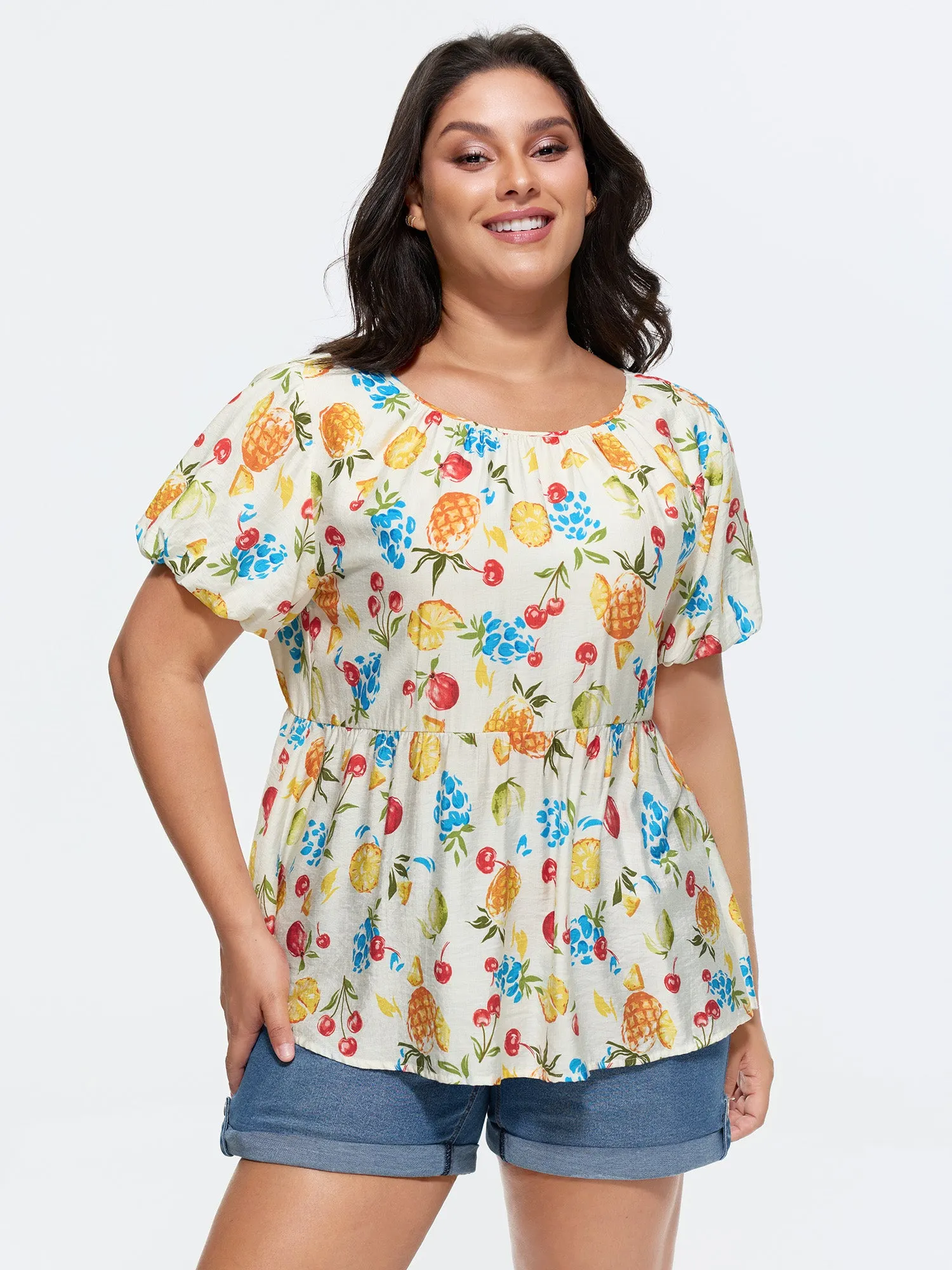 Fruit Print Bowknot Pleated Neckline Blouse sold by Bloomchic product image thumbnail 2