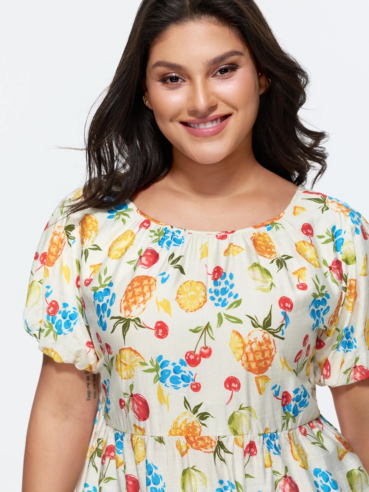 Fruit Print Bowknot Pleated Neckline Blouse sold by Bloomchic product image thumbnail 3