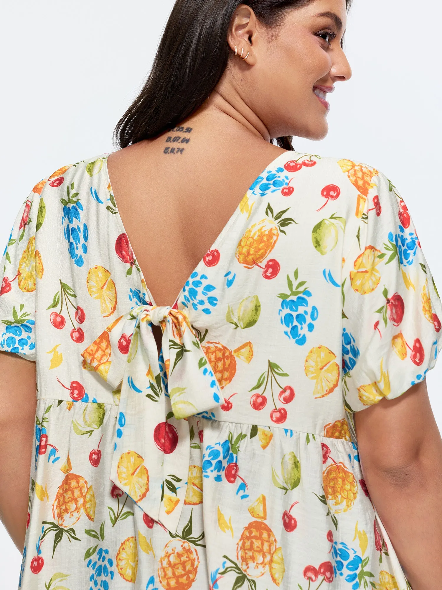Fruit Print Bowknot Pleated Neckline Blouse sold by Bloomchic