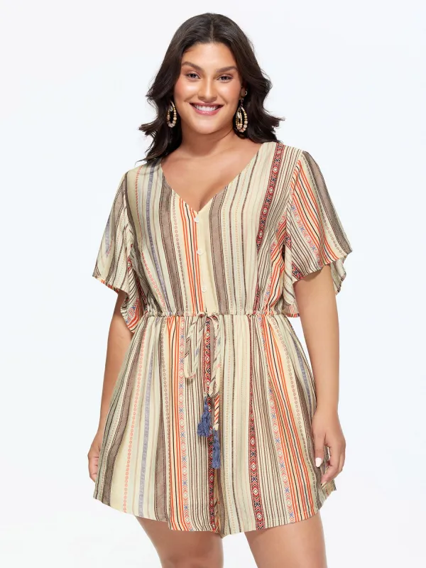 Colorful Striped Print Waist-Tie Romper made by Bloomchic