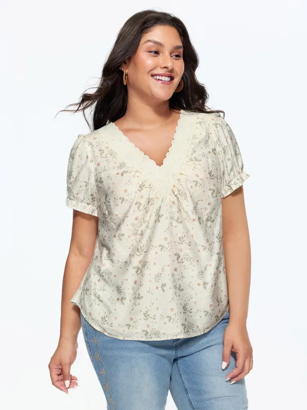 Floral Print Lace Neckline Blouse made by Bloomchic