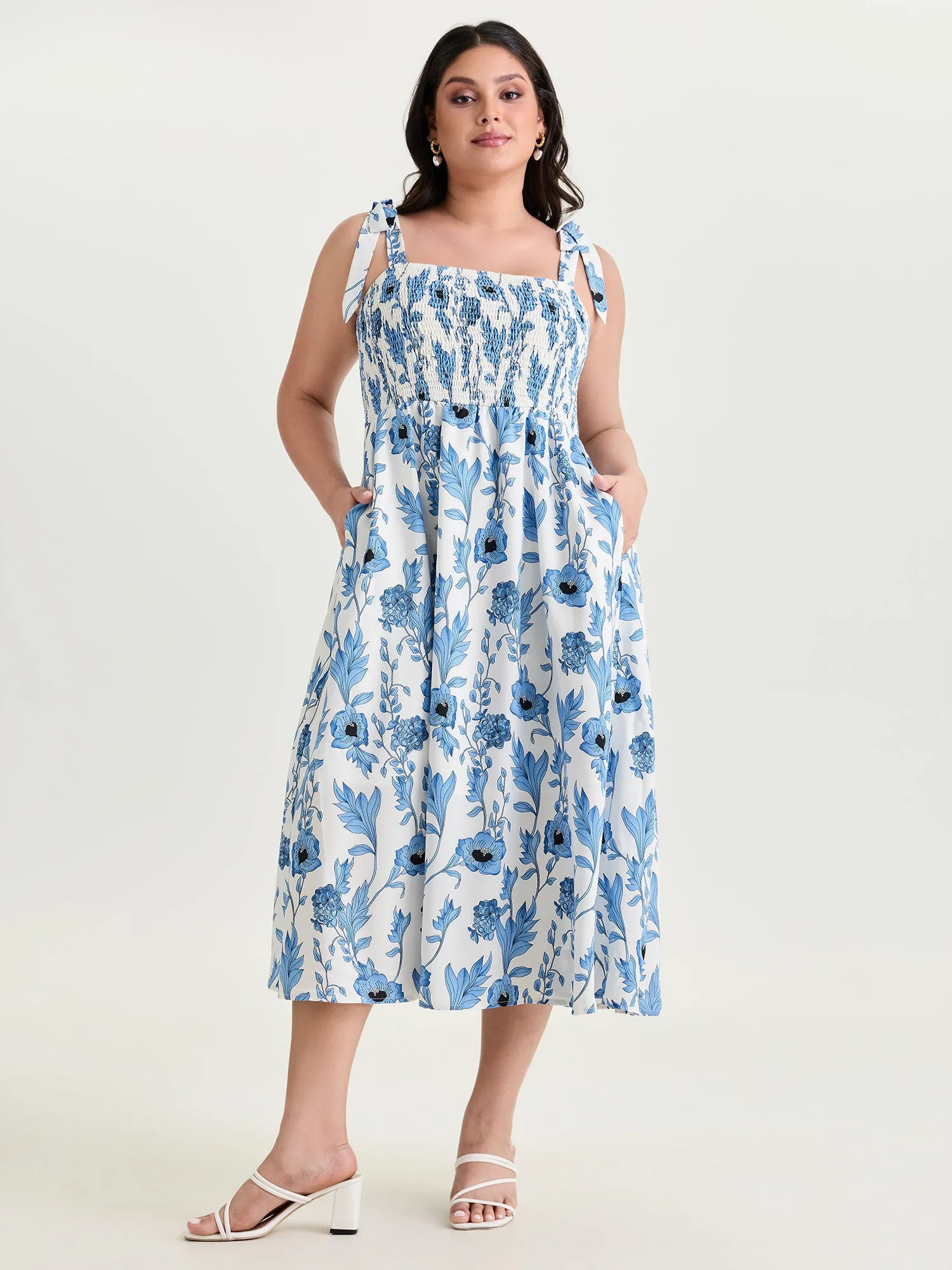 Floral Print Bowknot Shoulder Straps Midi Dress sold by Bloomchic product image thumbnail 3