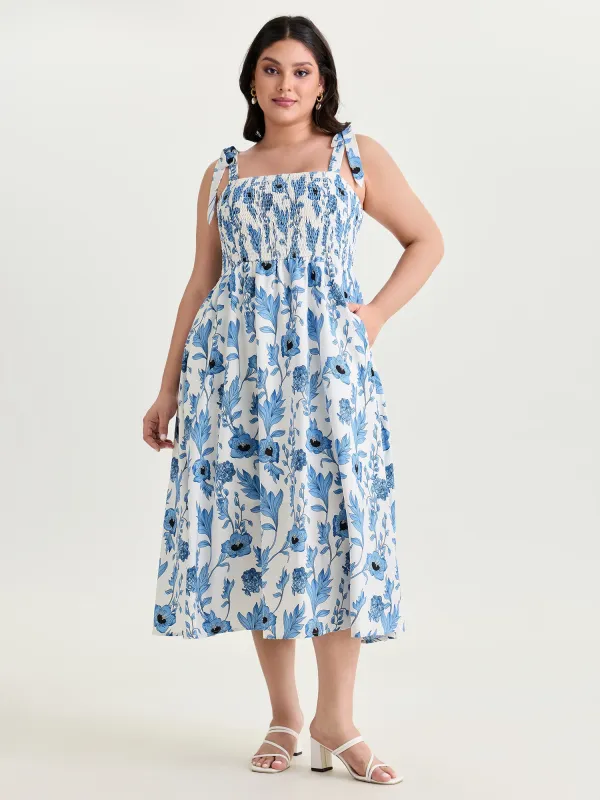 Floral Print Bowknot Shoulder Straps Midi Dress made by Bloomchic