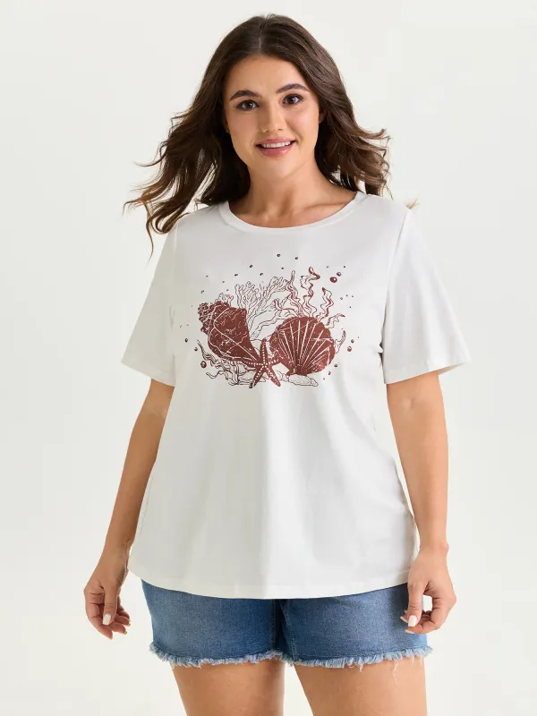Cotton Stretchy Starfish Print Round Neck T-Shirt made by Bloomchic
