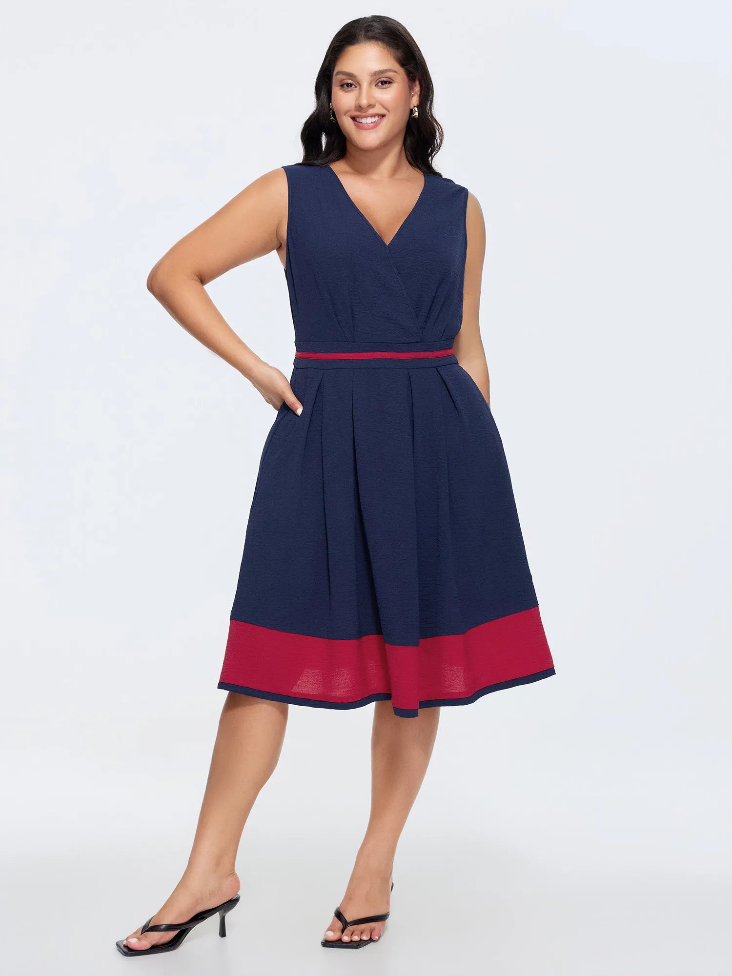 Color Contrast Pleated V-Neck Midi Dress sold by Bloomchic product image thumbnail 3