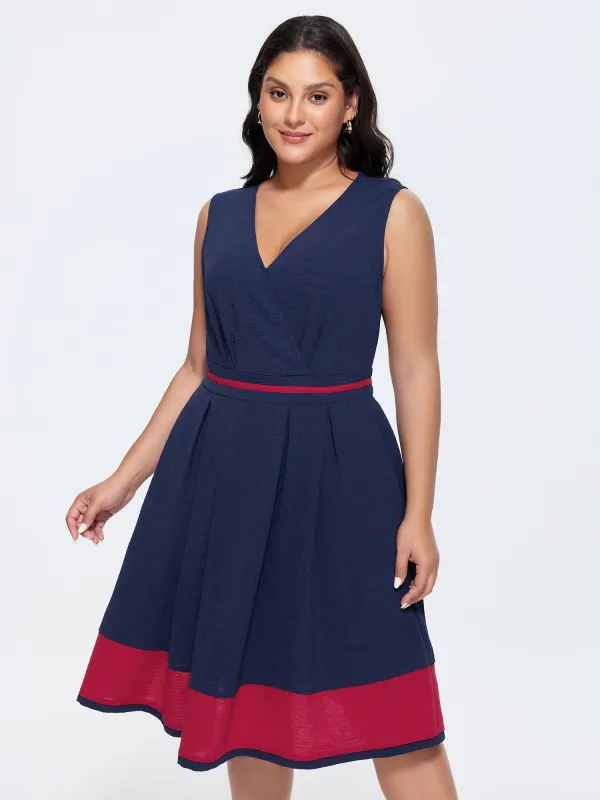 Color Contrast Pleated V-Neck Midi Dress made by Bloomchic