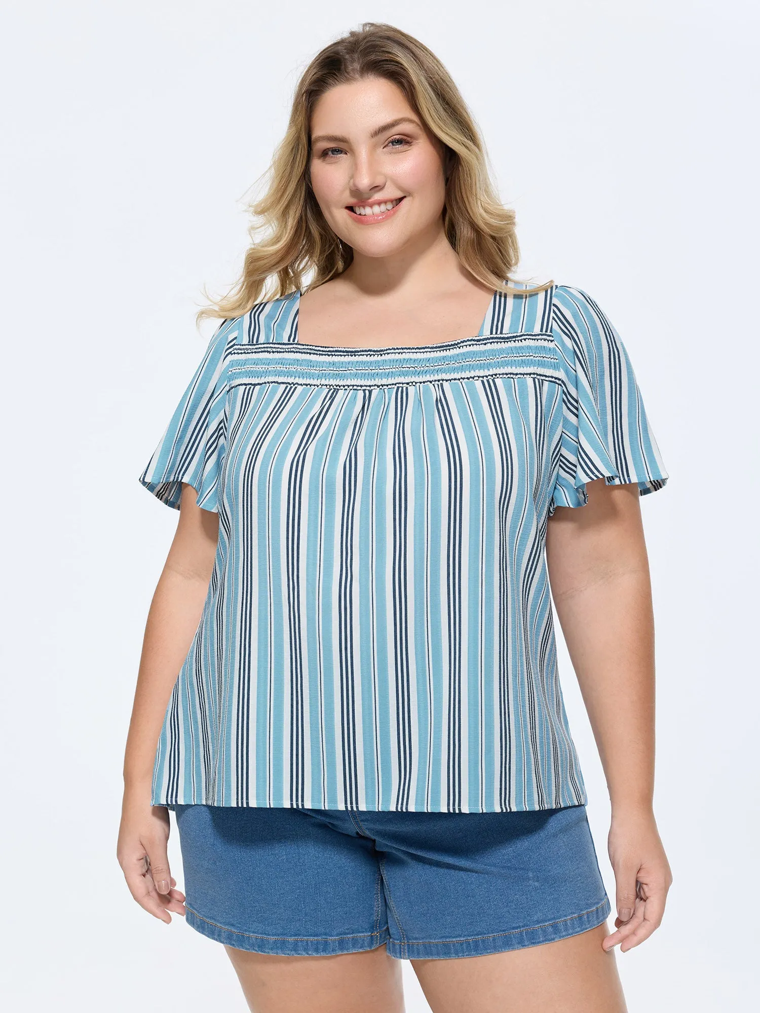 Striped Print Shirred Neckline Blouse sold by Bloomchic