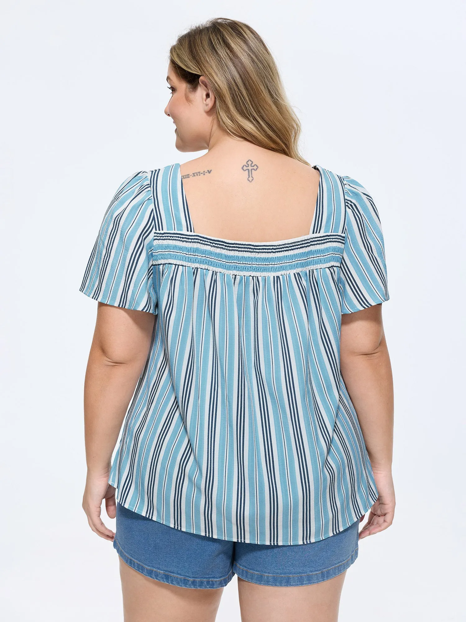 Striped Print Shirred Neckline Blouse sold by Bloomchic product image thumbnail 4