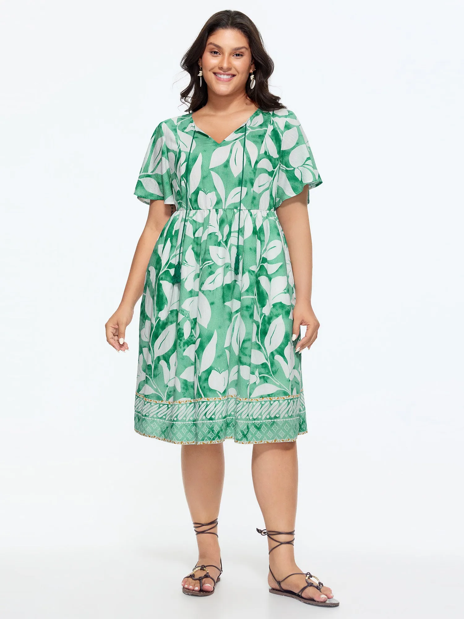 Leaf Print Neck-Tie Flowy Midi Dress sold by Bloomchic product image thumbnail 3