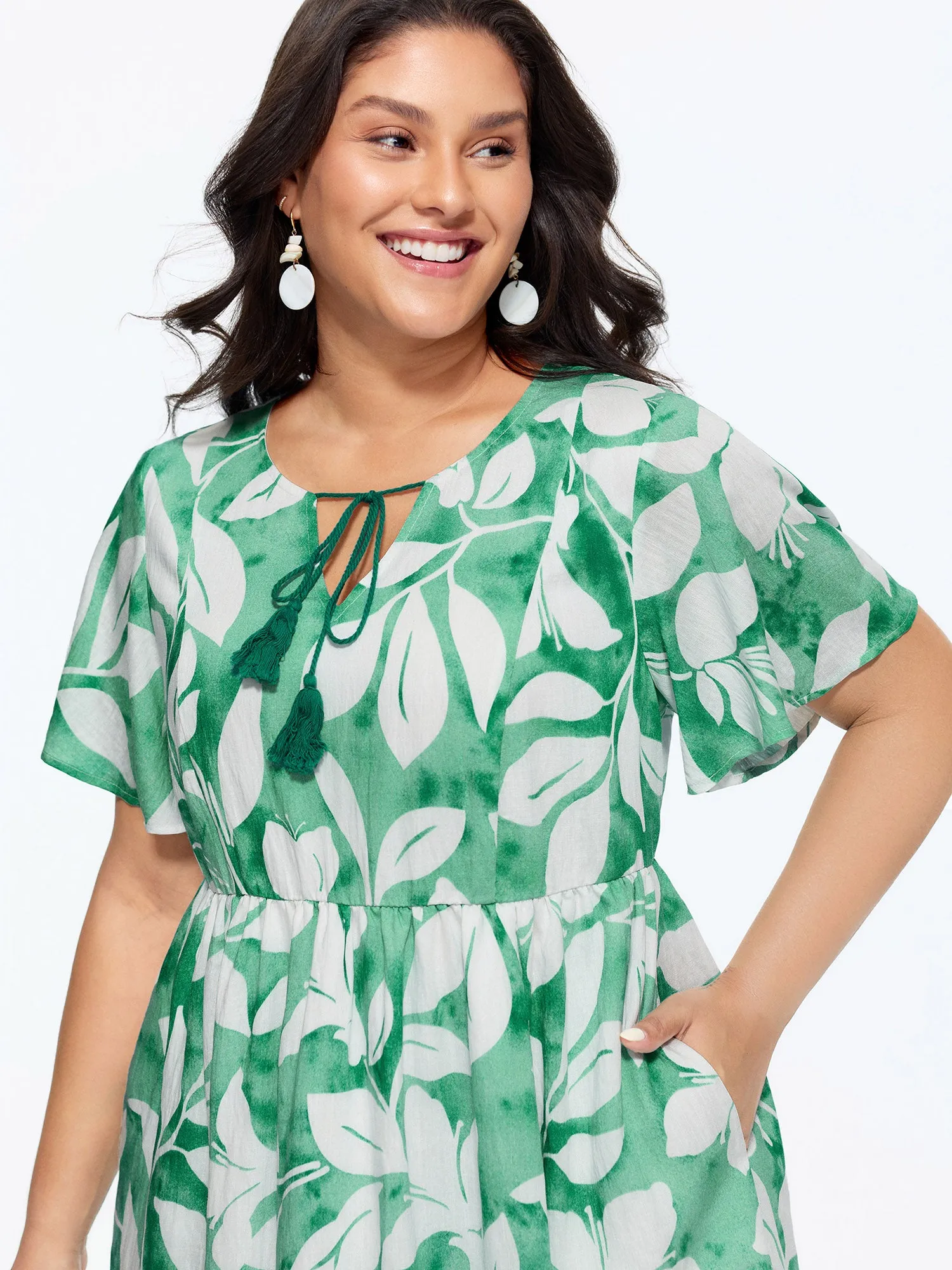 Leaf Print Neck-Tie Flowy Midi Dress sold by Bloomchic product image thumbnail 2