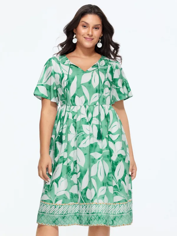 Leaf Print Neck-Tie Flowy Midi Dress made by Bloomchic