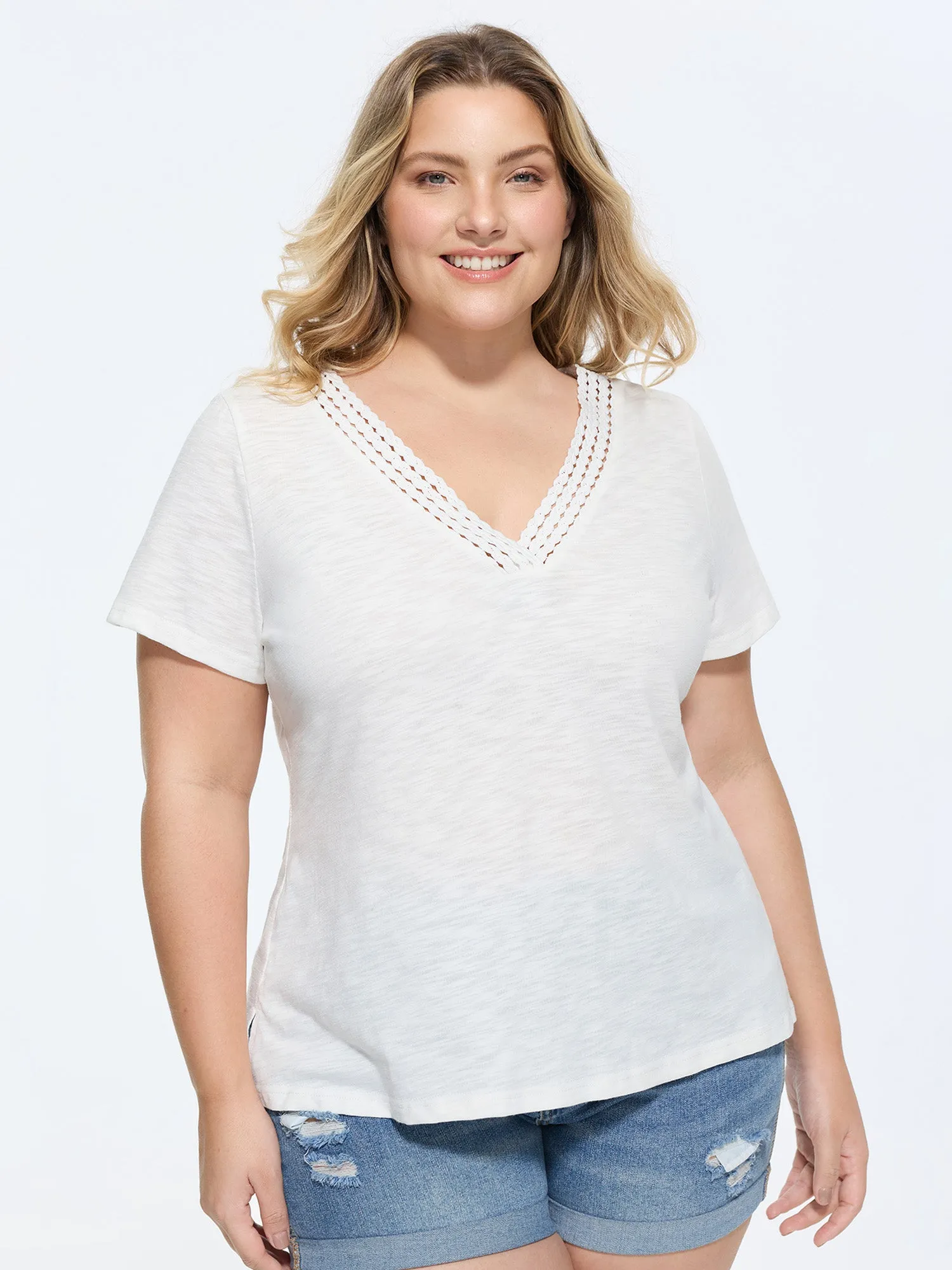 Supersoft V-Neckline Lace Trim T-Shirt sold by Bloomchic product image thumbnail 2