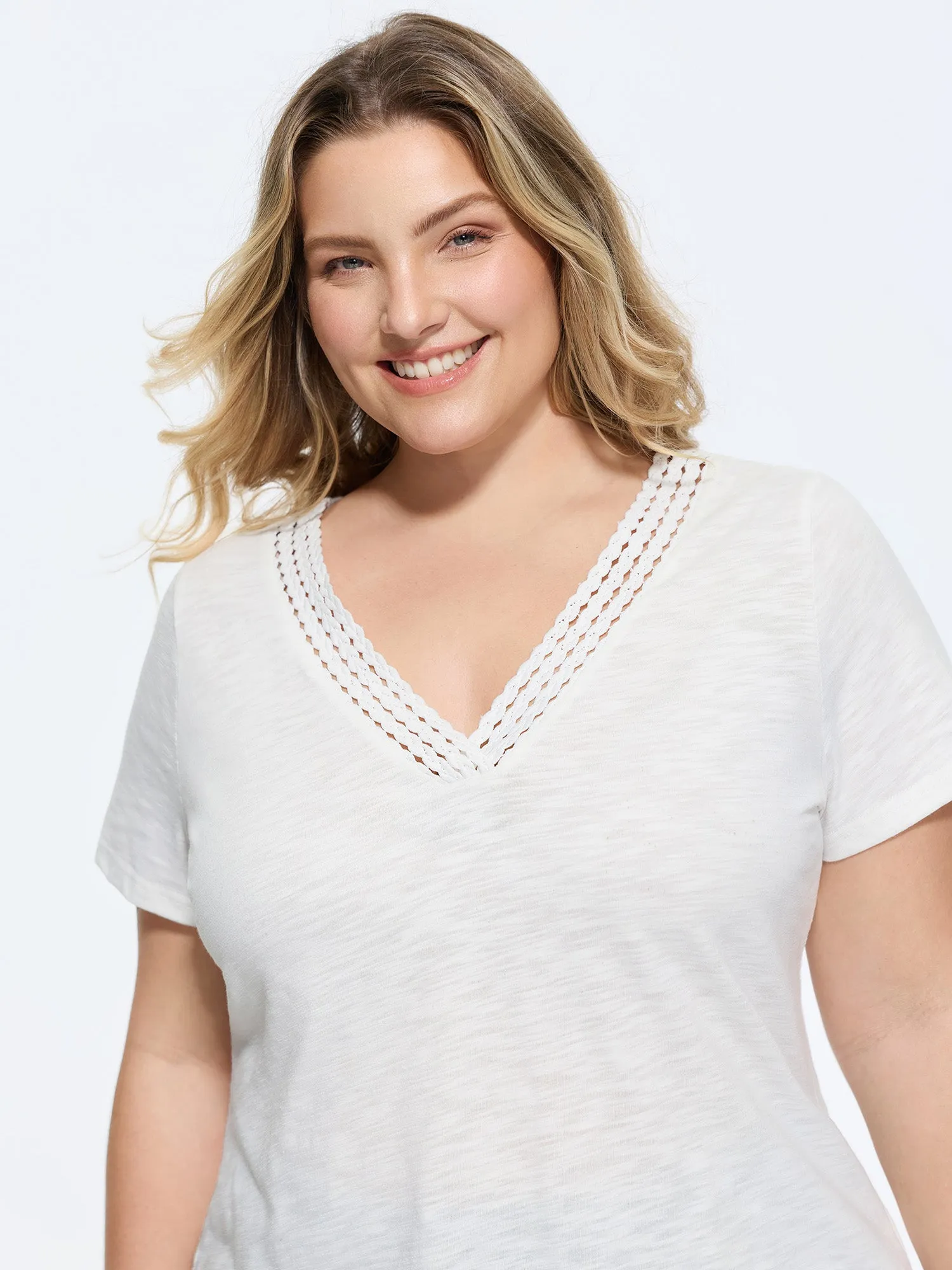 Supersoft V-Neckline Lace Trim T-Shirt sold by Bloomchic