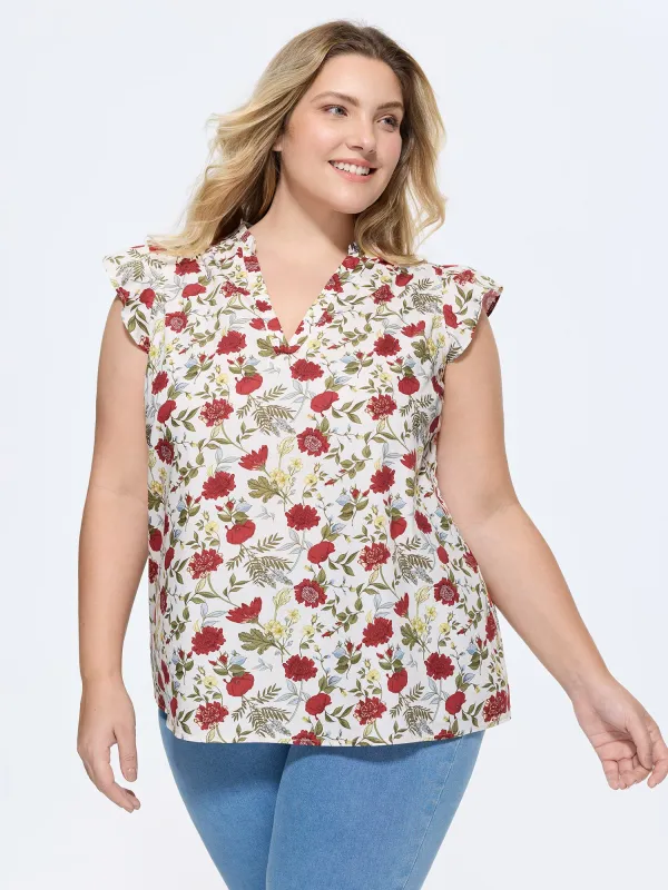 Pure Cotton Floral Print Notched Collar Blouse made by Bloomchic