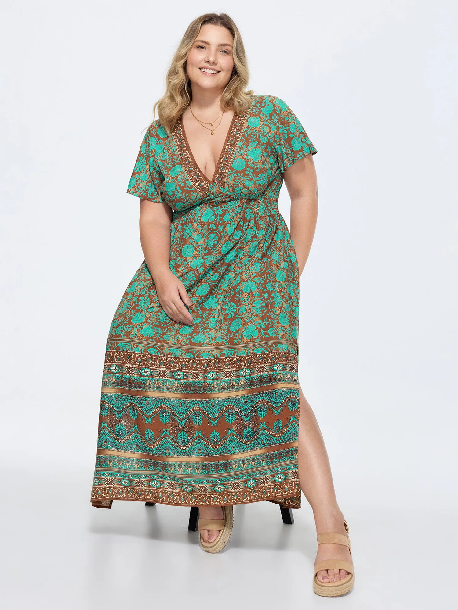 Floral Print Stretchy Cinched-Waist Maxi Dress sold by Bloomchic