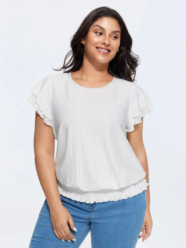 Shirred Hem Eyelet Textured T-Shirt made by Bloomchic