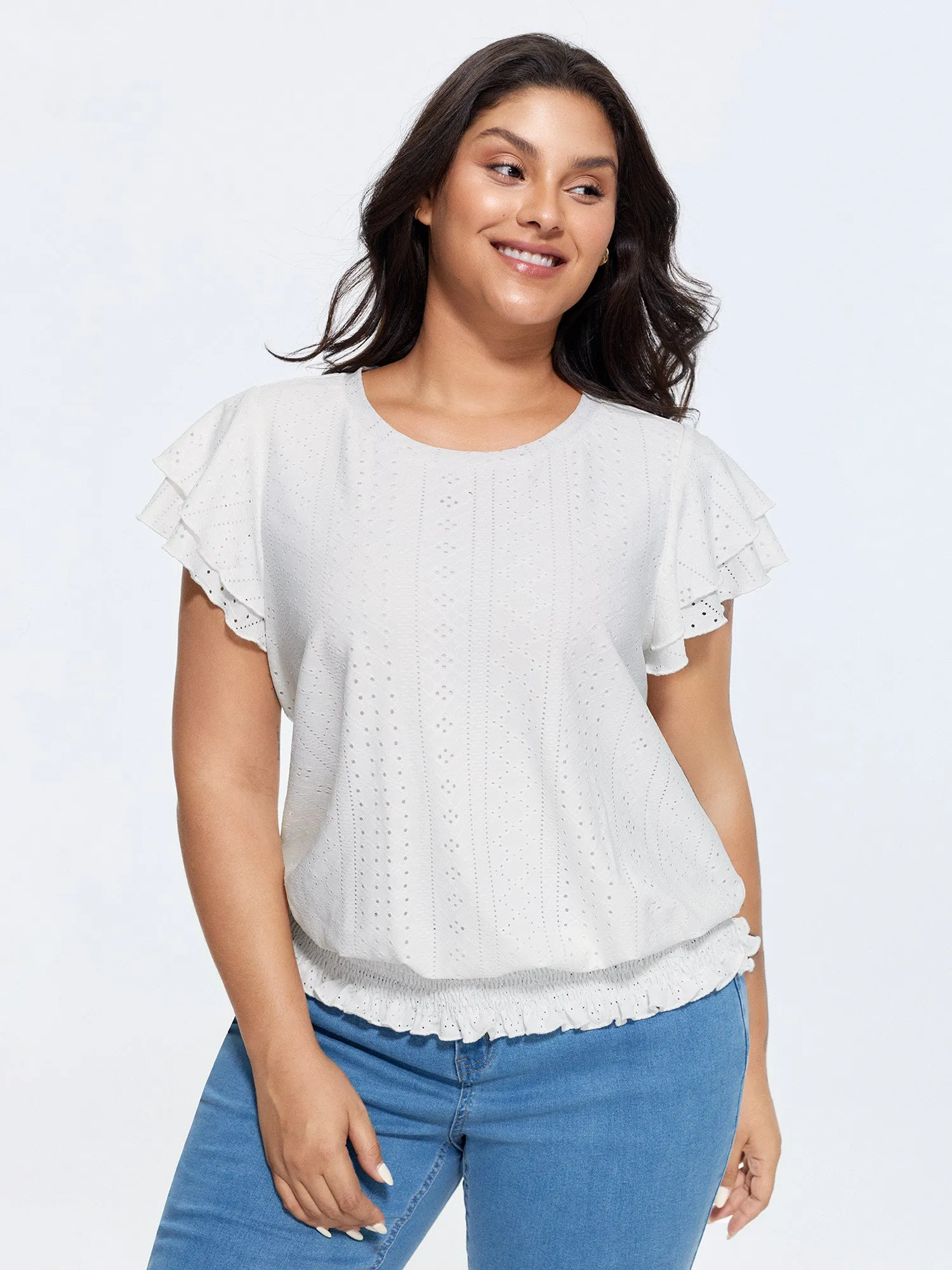 Shirred Hem Eyelet Textured T-Shirt sold by Bloomchic