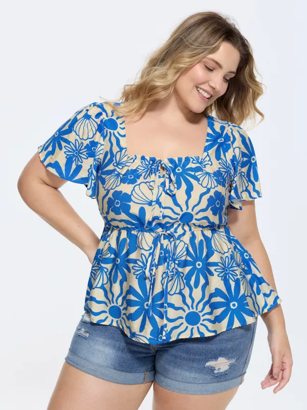 Floral Print Square Neckline Fitted Blouse made by Bloomchic