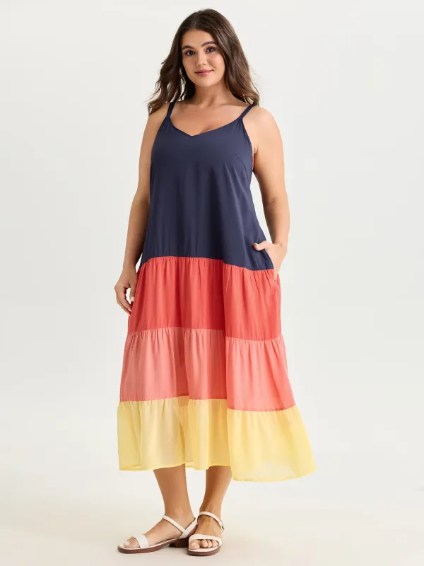 Colorblock Tiered Pockets Cami Midi Dress made by Bloomchic