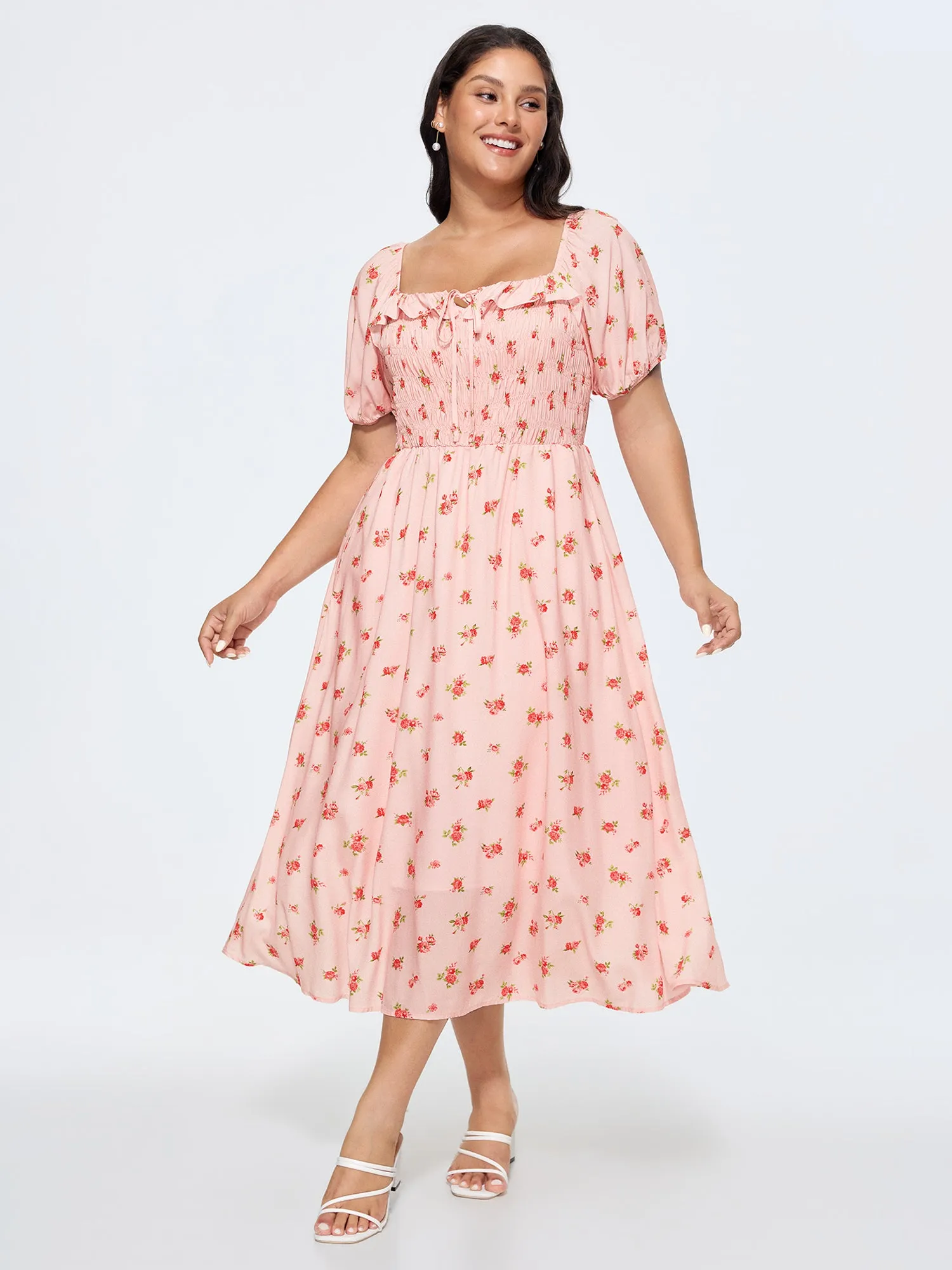 Floral Print Shirred Ruffled Neckline Midi Dress sold by Bloomchic