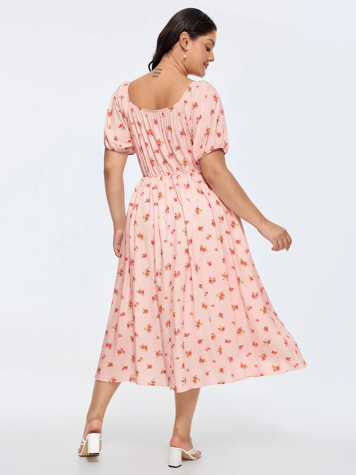 Floral Print Shirred Ruffled Neckline Midi Dress sold by Bloomchic product image thumbnail 4