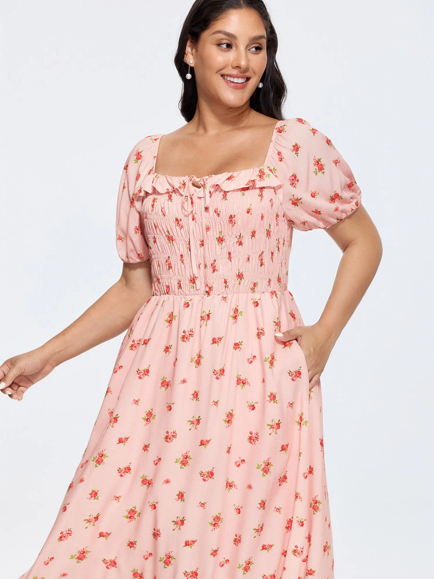 Floral Print Shirred Ruffled Neckline Midi Dress sold by Bloomchic product image thumbnail 3