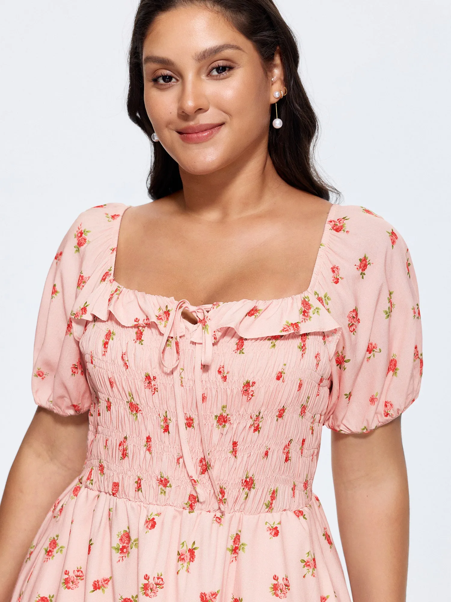 Floral Print Shirred Ruffled Neckline Midi Dress sold by Bloomchic product image thumbnail 2