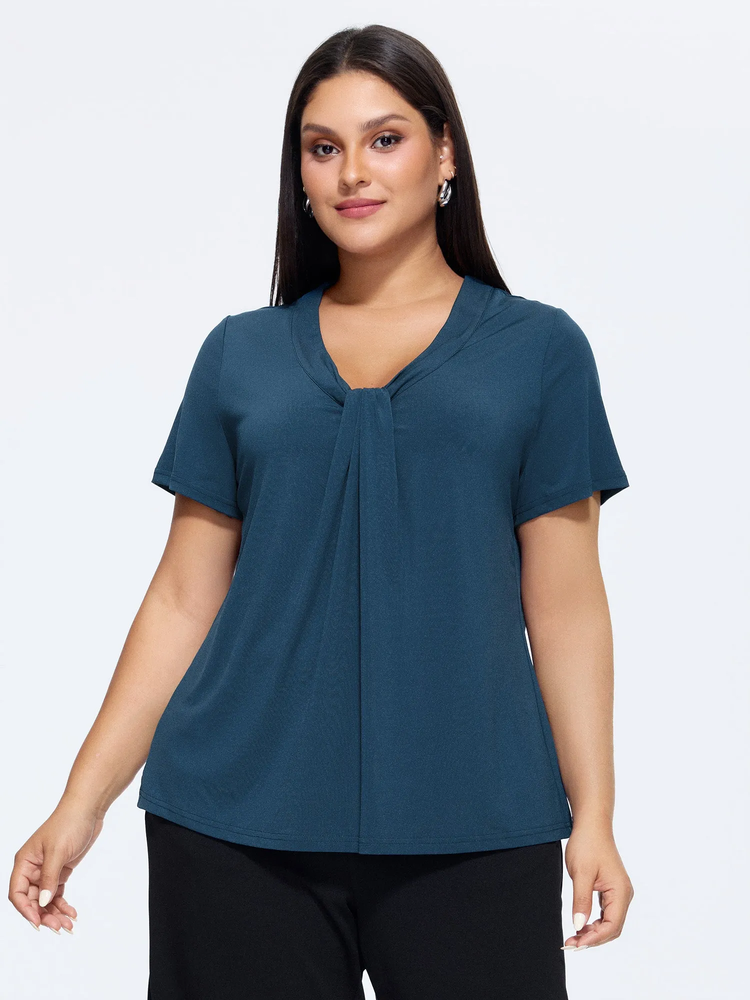 Stretchy Knotted Draped Neckline Blouse sold by Bloomchic