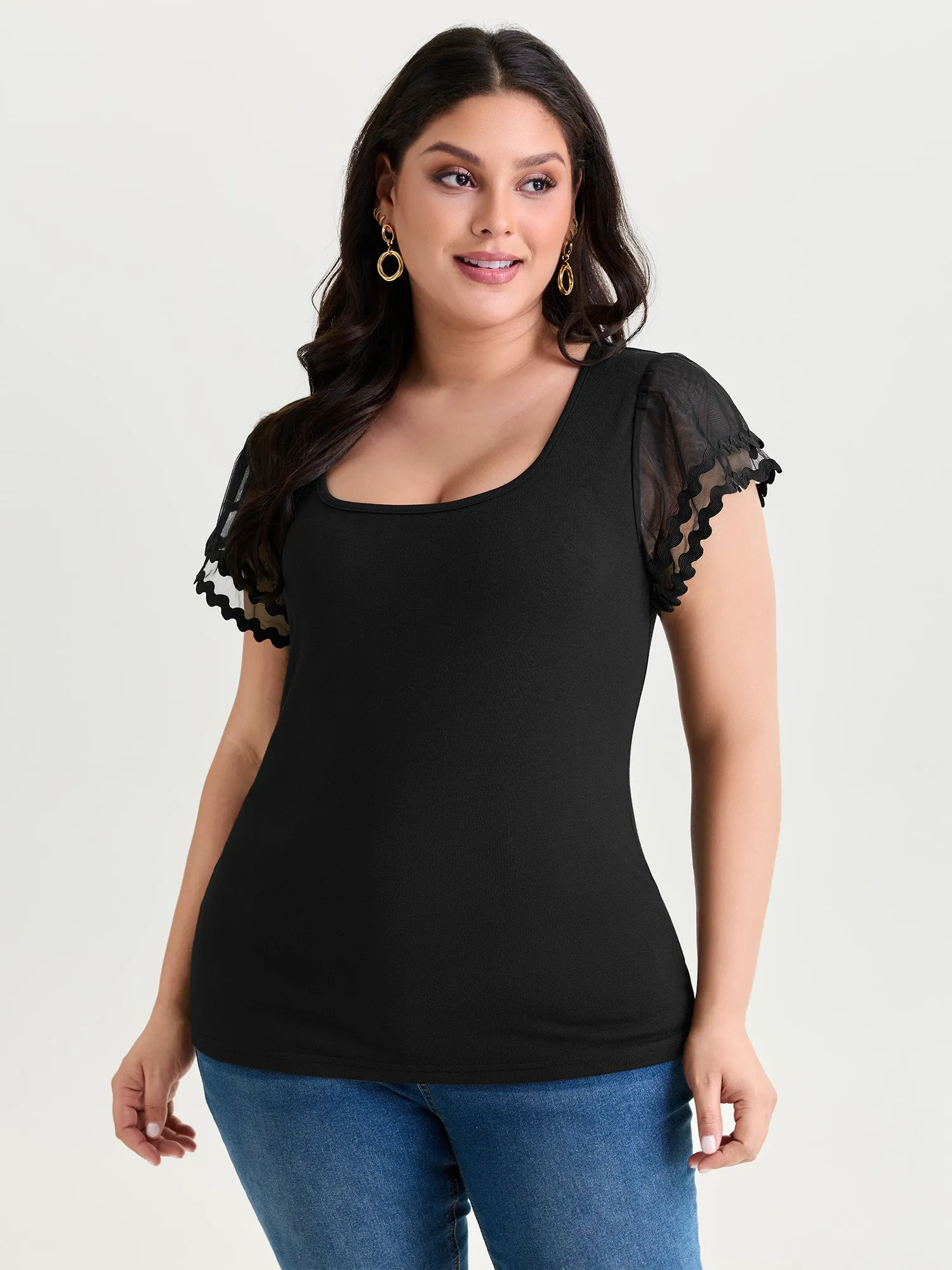 Sheer Ruffled Sleeve Square Neck Knit Top sold by Bloomchic