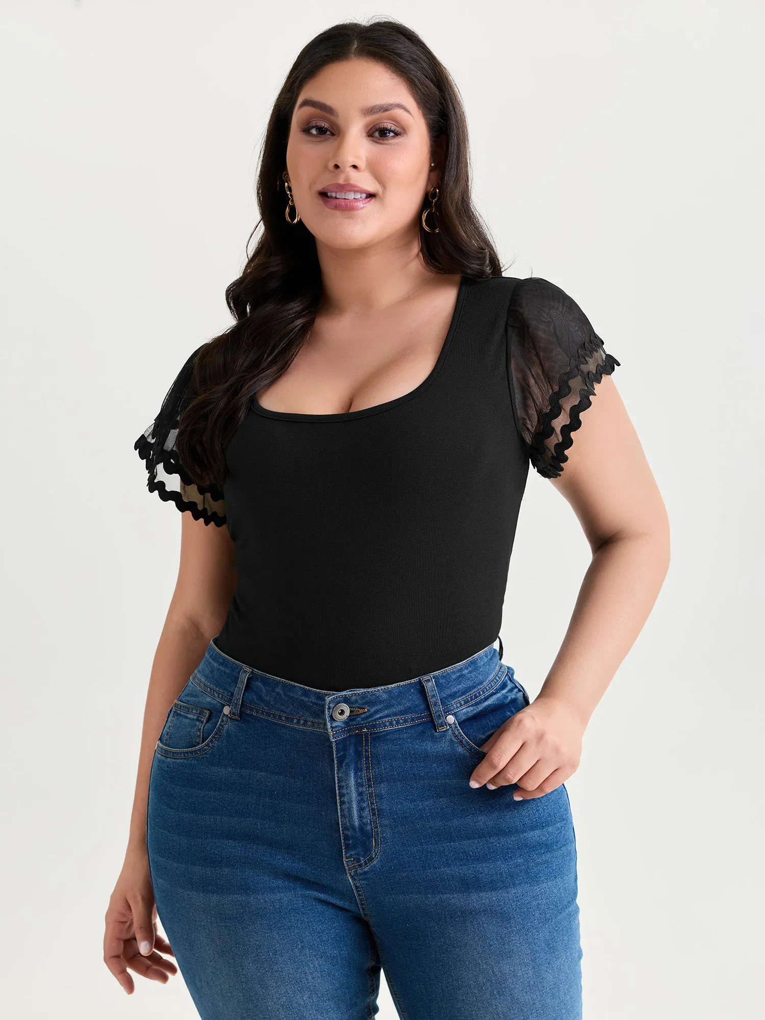 Sheer Ruffled Sleeve Square Neck Knit Top sold by Bloomchic product image thumbnail 4